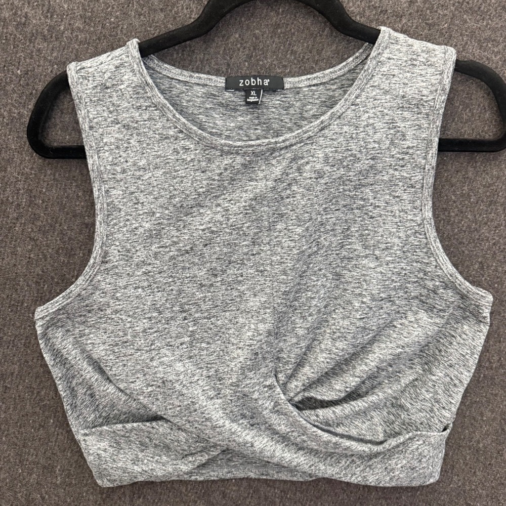Zobha Womens Grey Space Dye Twist Front Sleeveless Athletic Crop Top XL